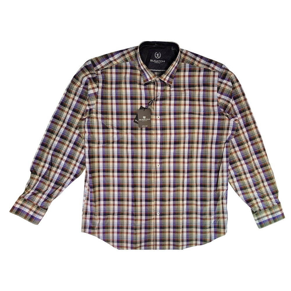 BUGATCHI UOMO‎ Plaid Long Sleeve Button Down Shirt Men Classic Fit Cotton Large